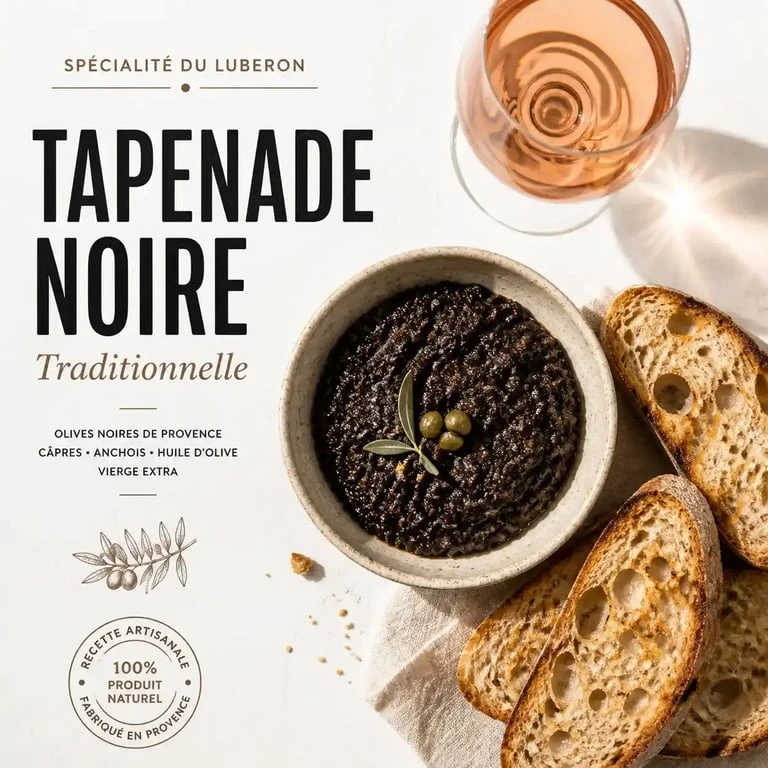 Tapenade noire traditionnelle du Luberon servie avec du pain grillé, idéale pour un apéritif dans un restaurant du Sud Luberon