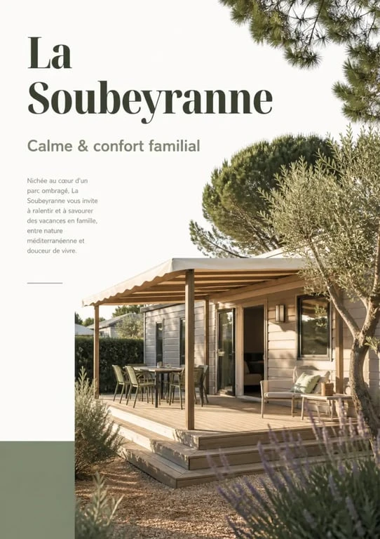 La Soubeyranne, mobil-home dans le parc ombragé du camping