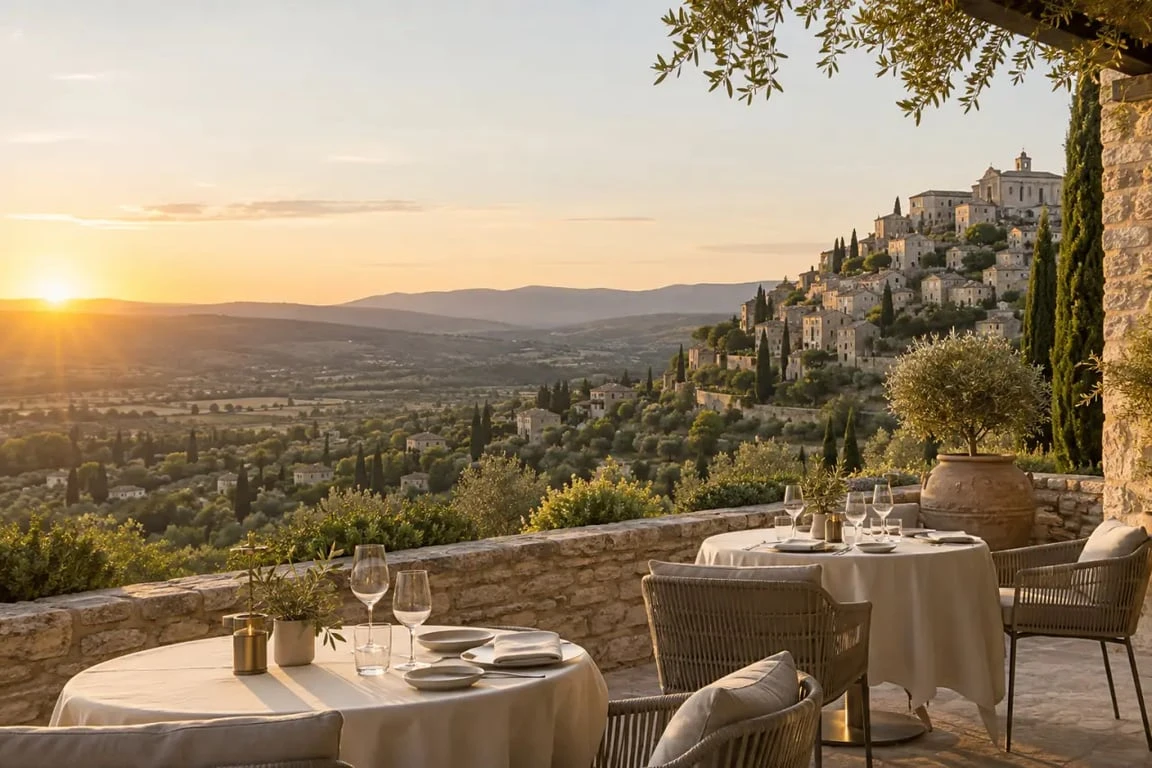 Restaurant à Gordes dans le Luberon avec terrasse panoramique au coucher du soleil