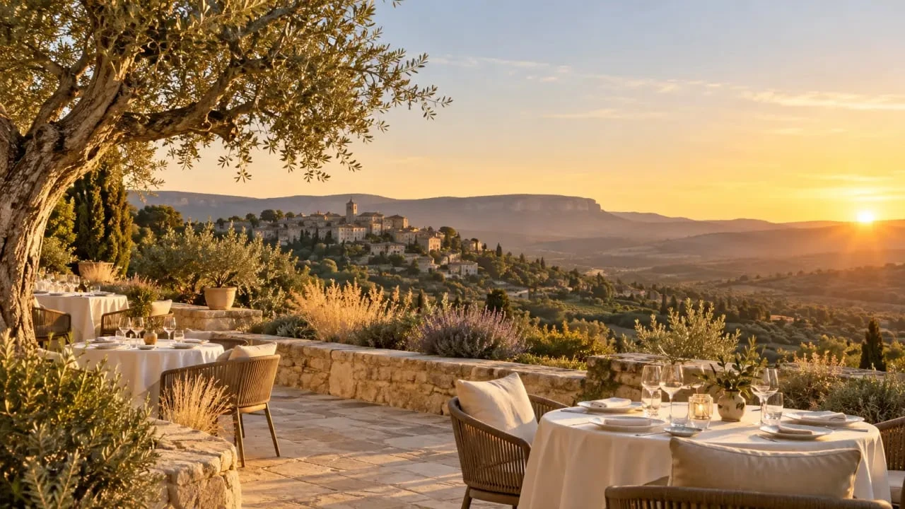 Restaurant La Bastide dans le Luberon avec terrasse et vue sur Bonnieux au coucher du soleil