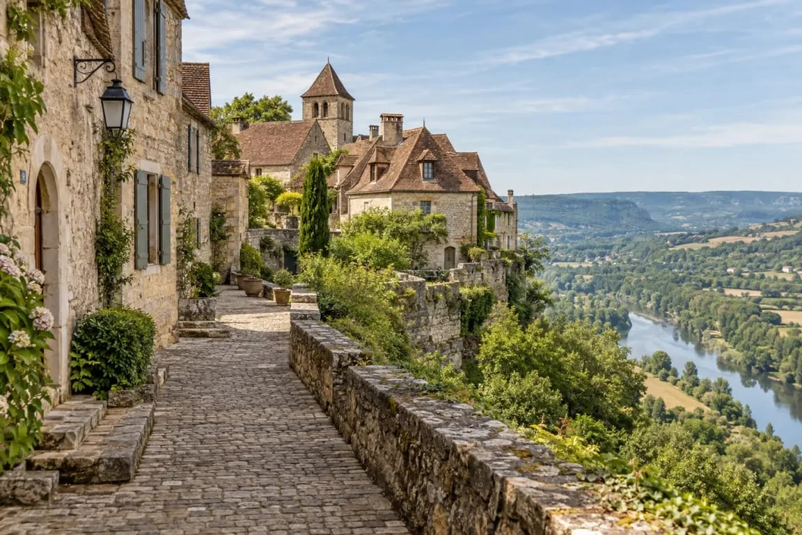 Circuit nos plus beaux villages : panorama depuis Loubressac sur la vallée de la Dordogne