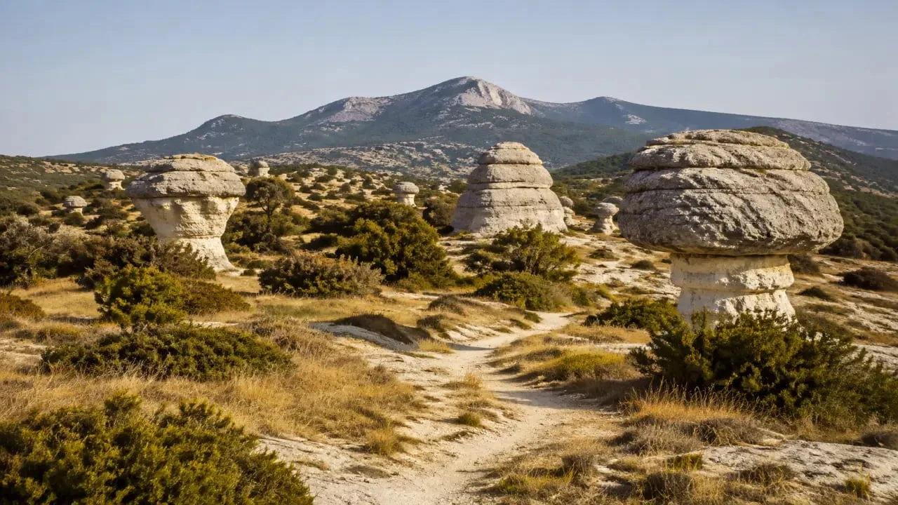 Vue des Rochers des Mourres près de Forcalquier avec leurs formations calcaires en forme de champignons