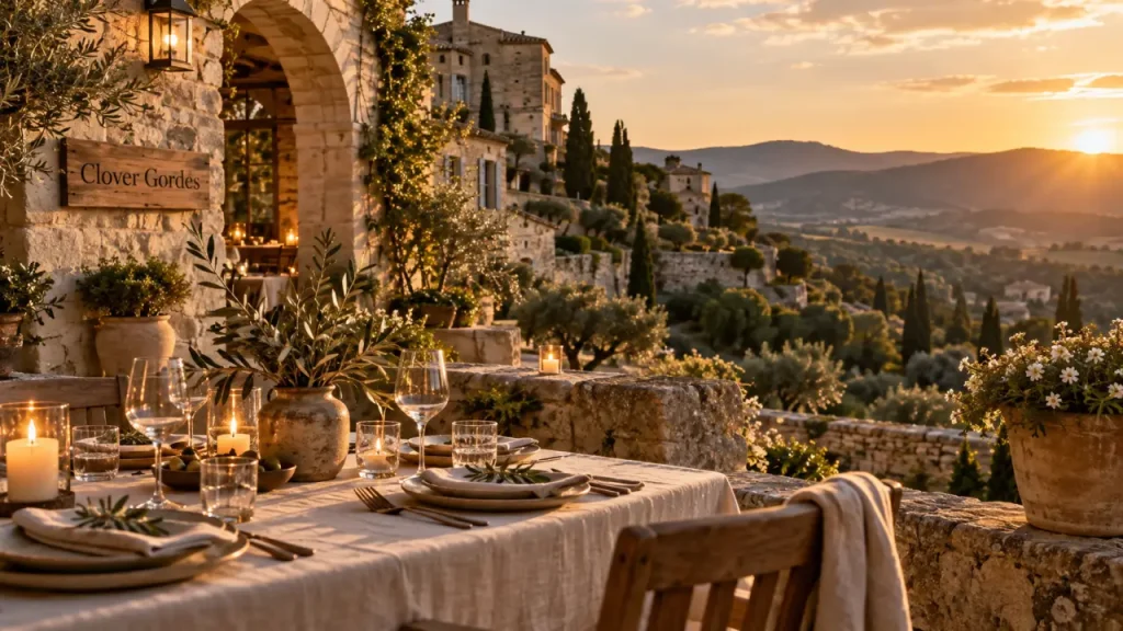 lesprit du luberon restaurant emily in paris : Clover Gordes, terrasse golden hour