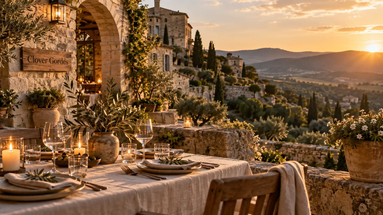 lesprit du luberon restaurant emily in paris : Clover Gordes, terrasse golden hour