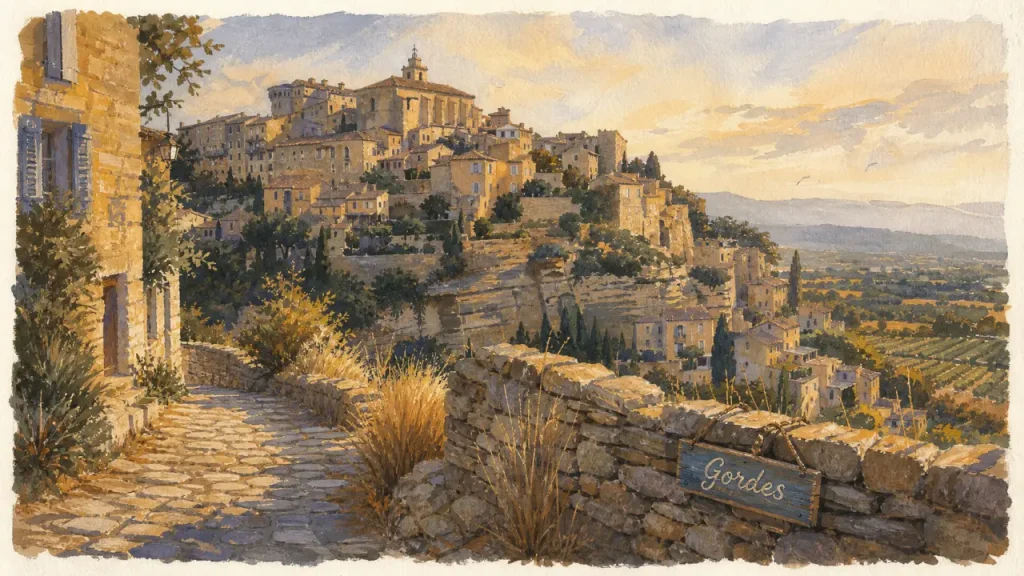 Luberon hilltop villages : Gordes, ruelle en calade et maisons en pierre