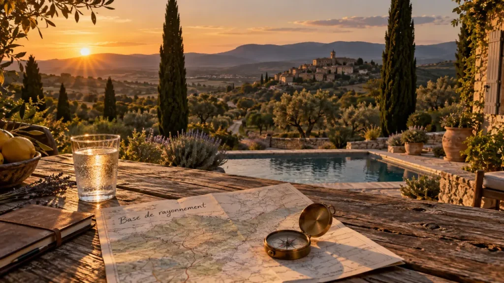 Luberon tourisme location : piscine près de villages, plan du Luberon, base de rayonnement