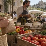 Marché gordes luberon, mains tenant un sachet sur un étal au matin