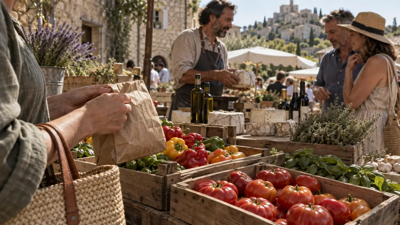 Marché gordes luberon, mains tenant un sachet sur un étal au matin