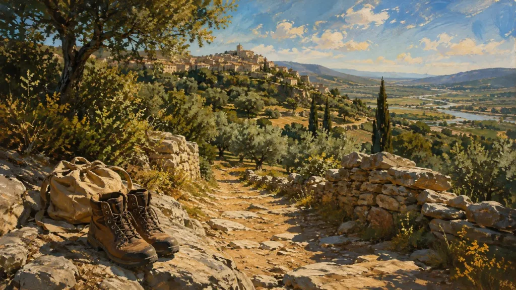 Randonnée luberon sud : sentier de garrigue vers village perché, oliveraies et cyprès