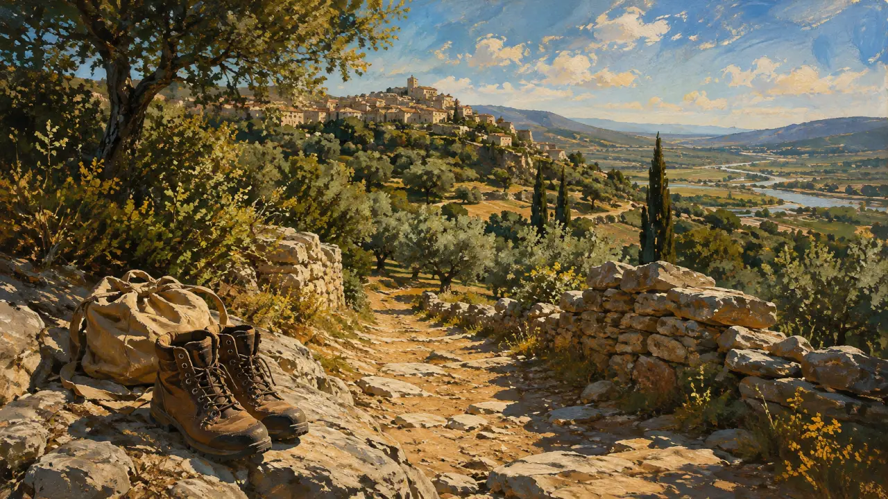 Randonnée luberon sud : sentier de garrigue vers village perché, oliveraies et cyprès