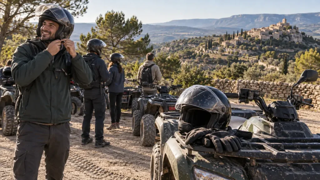 Randonnée quad luberon : casque et gants sur un quad, murets et villages perchés