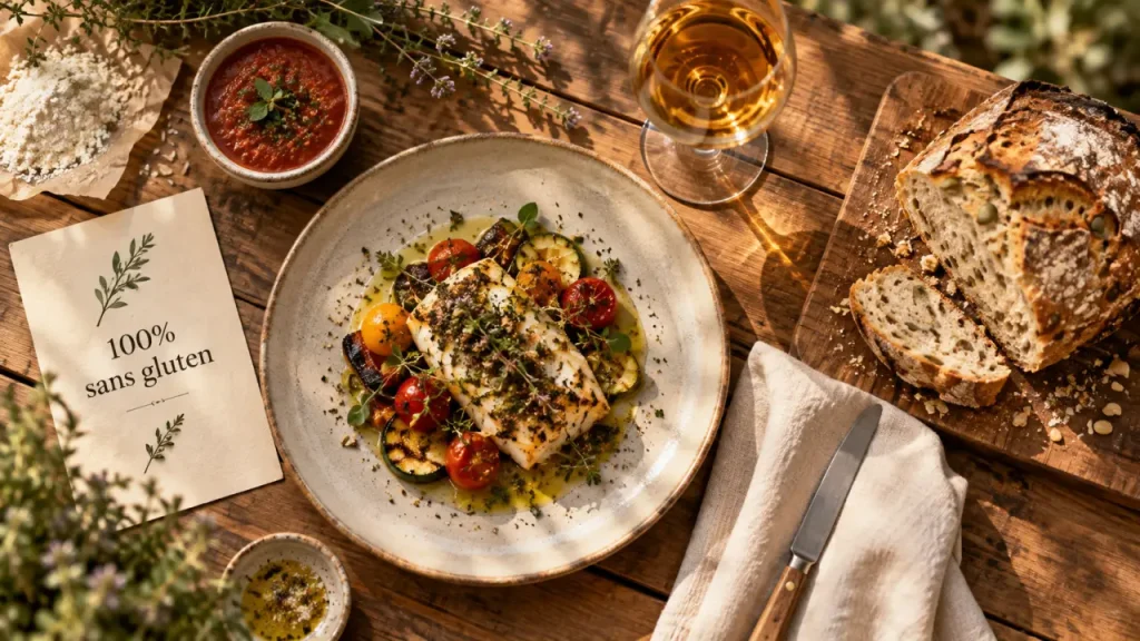 Restaurant etoile sans gluten luberon La Fenière à Cadenet, assiette gastronomique sans gluten en terrasse