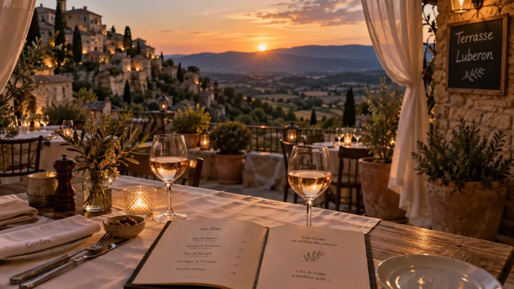 Restaurant gordes luberon : terrasse au coucher du soleil, vue Luberon