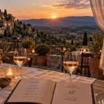 Restaurant gordes luberon : terrasse au coucher du soleil, vue Luberon