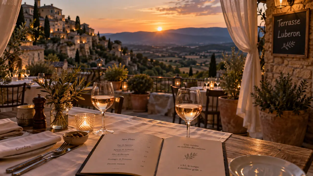 Restaurant gordes luberon : terrasse au coucher du soleil, vue Luberon