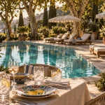 Restaurant piscine Luberon avec piscine turquoise et transats