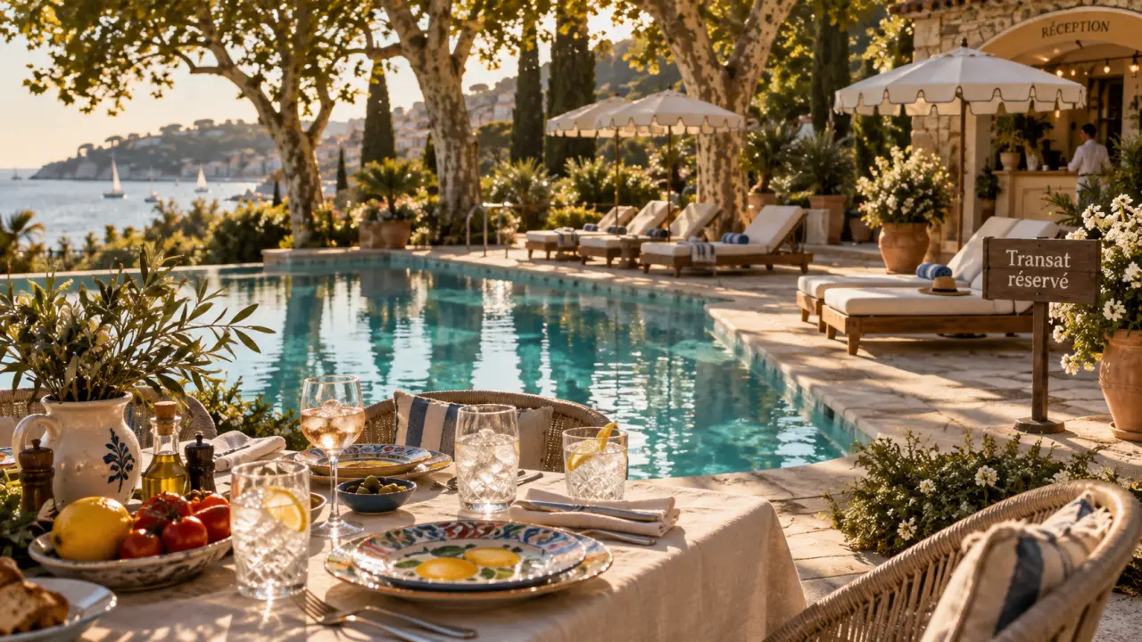 Restaurant piscine Luberon avec piscine turquoise et transats