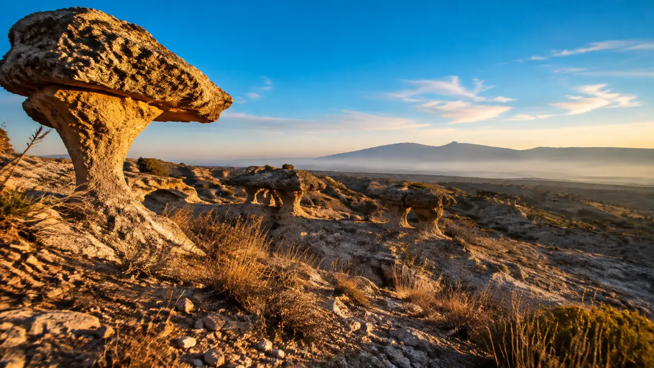 Rochers des Mourres : rochers calcaires en forme de champignons, vue vers Forcalquier