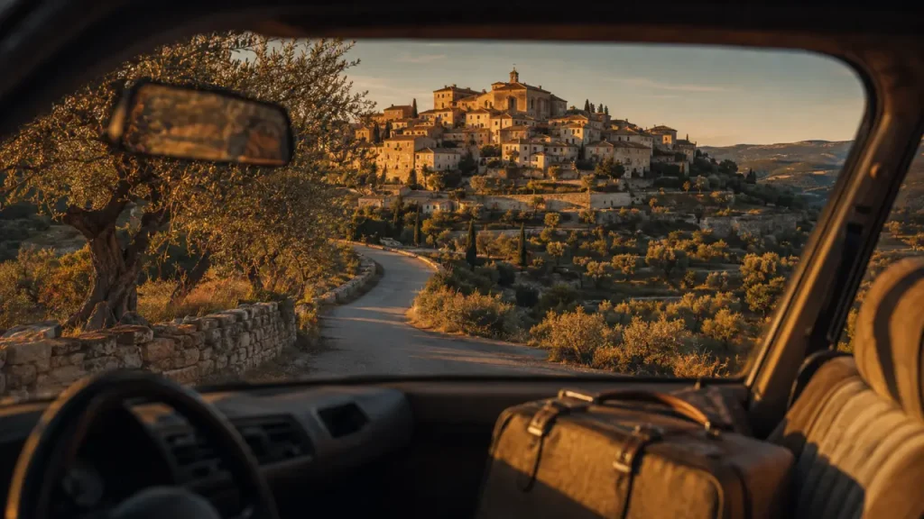 Route des villages perchés luberon : route vers Gordes, oliviers et village perché à l’heure dorée