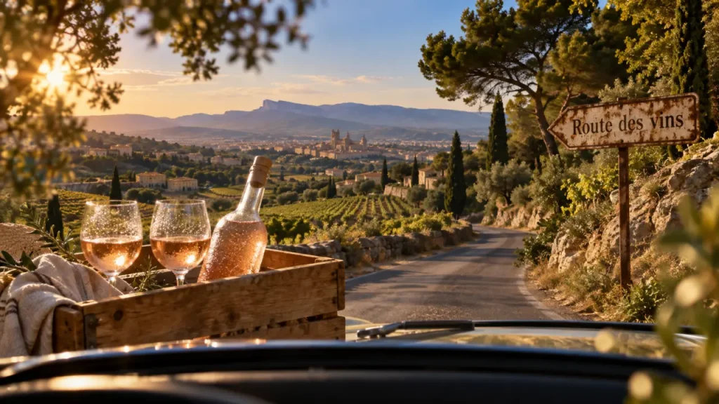 Route des vins Provence : rosé sur route bordée de pins