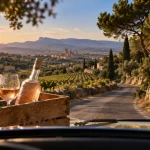 Route des vins Provence : rosé sur route bordée de pins