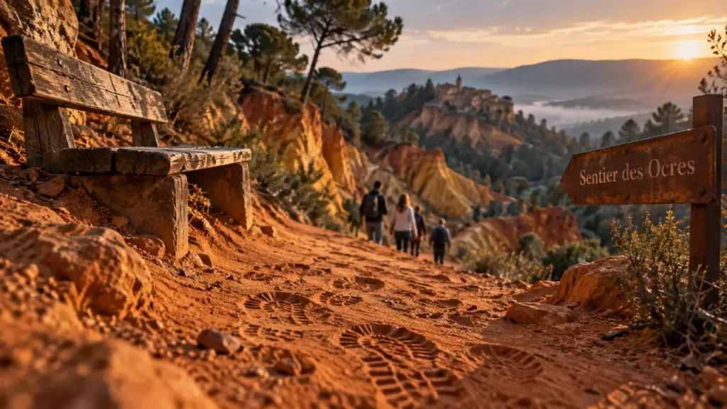 Tourisme dans le luberon provence : sentier des ocres près de Roussillon, empreintes d’ocre et chemin