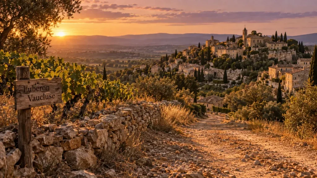 Tourisme Luberon Vaucluse : chemin ocre vers un village perché, vignes et pierres sèches au golden hour
