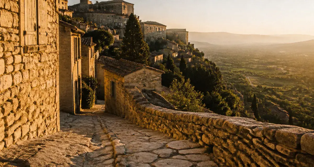 Village de Gordes dans le Luberon, calade au golden hour