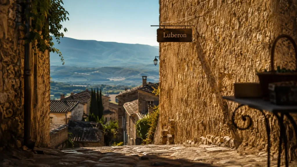 Villages du luberon vaucluse, ruelle en pierres blondes et vue vallée