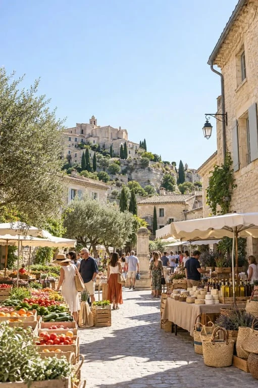 Marché de Gordes dans le Luberon avec étals de produits locaux et artisanat