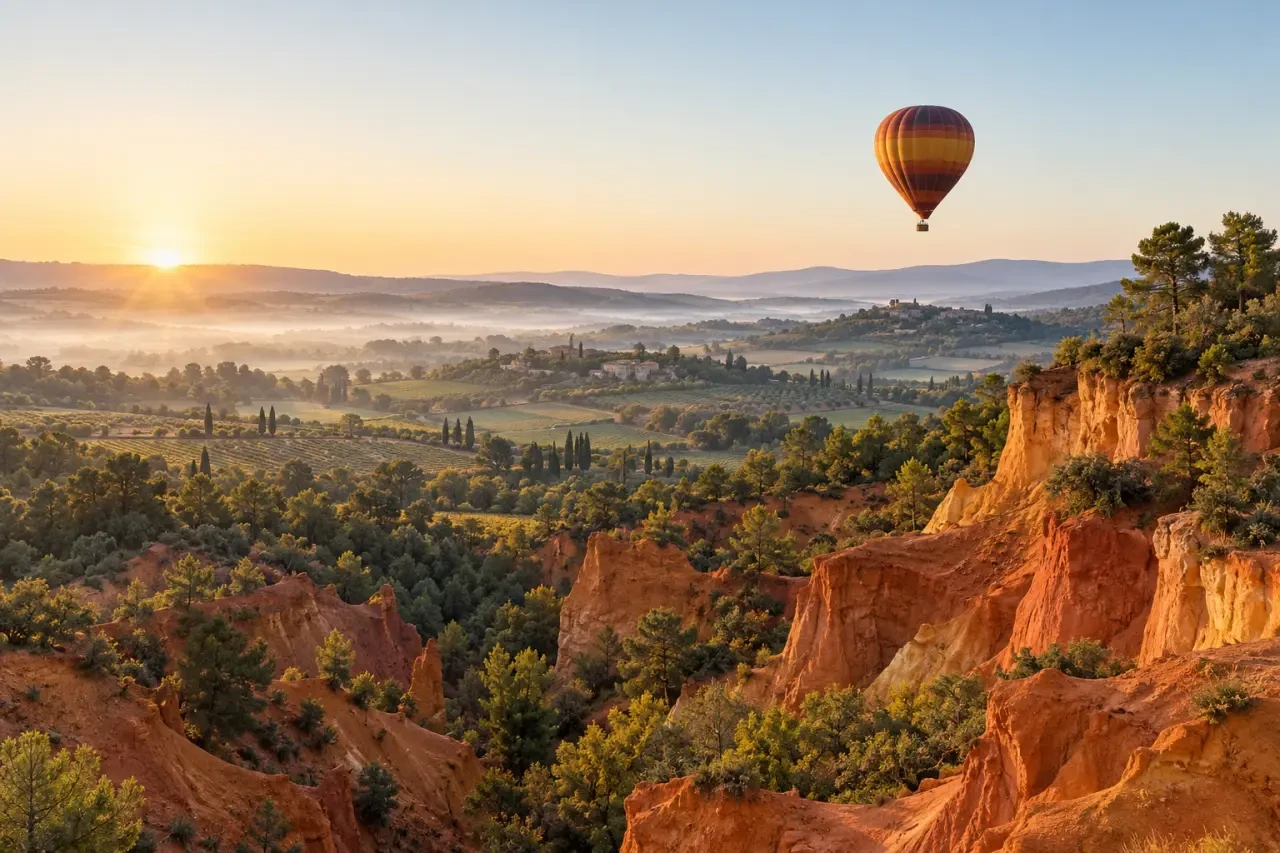 Montgolfière Luberon Gordes au lever du soleil au-dessus des ocres de Roussillon