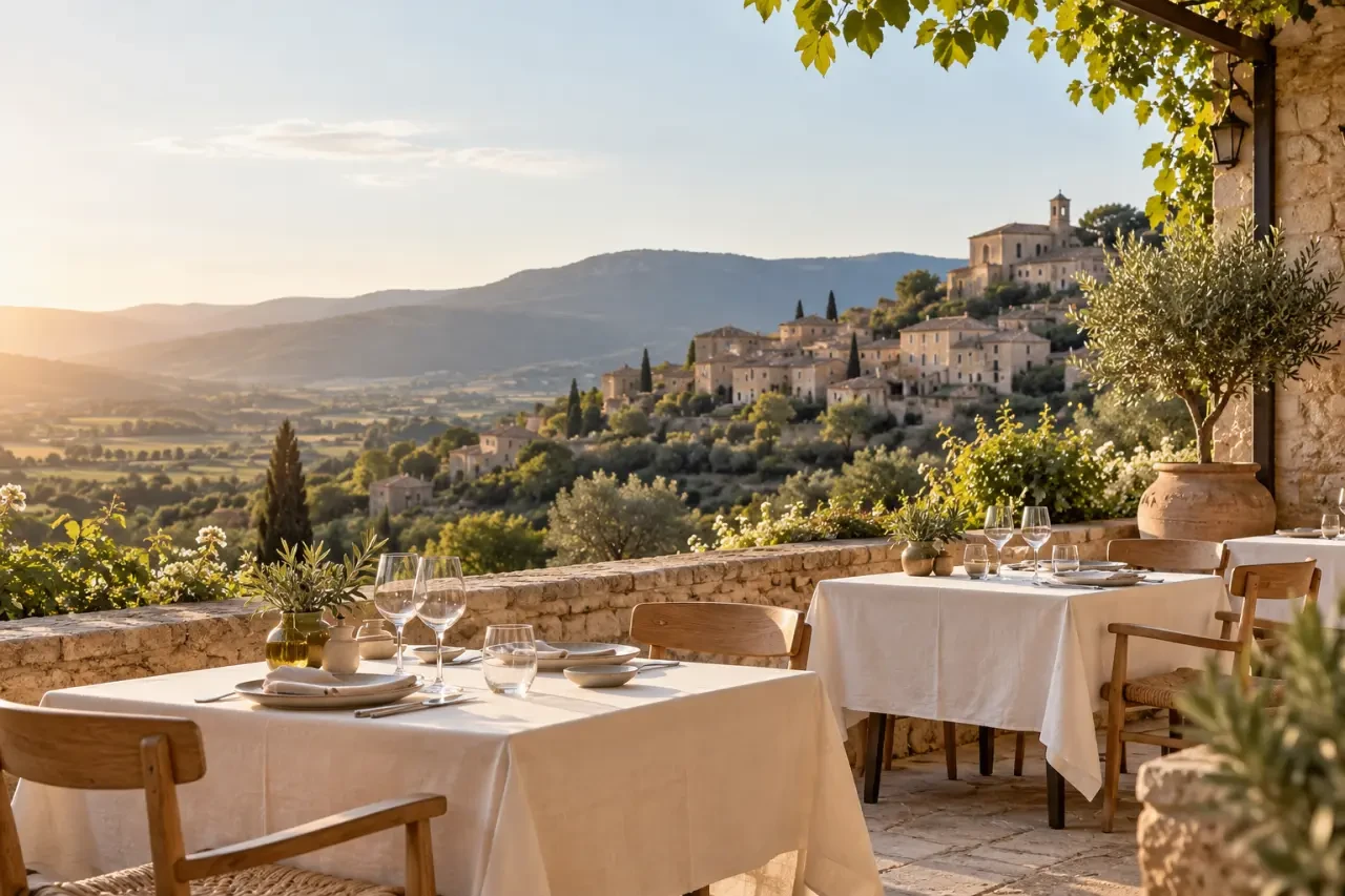 Terrasse d'un restaurant pied du Luberon avec vue sur les collines et un village provençal