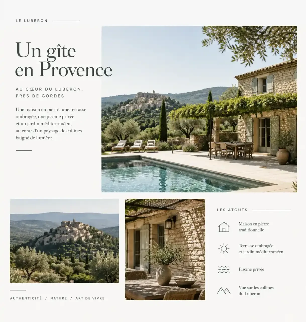 Gîte à Gordes dans le Luberon avec piscine, terrasse et vue sur les collines provençales