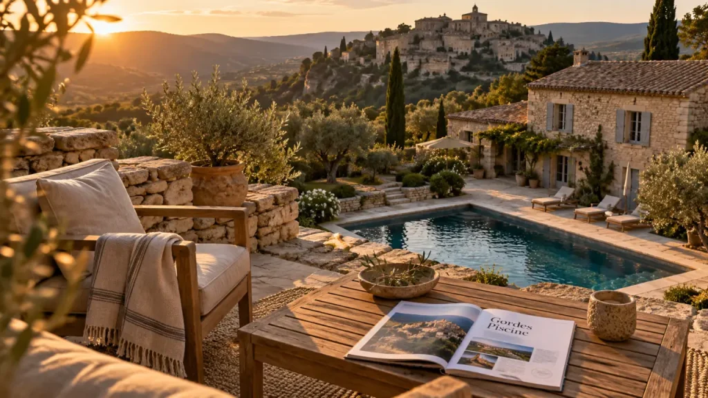 Gîtes Gordes Luberon : terrasse, piscine et vue sur le Luberon