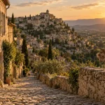 Gordes luberon provence, calade en pierre sèche et château au coucher du soleil