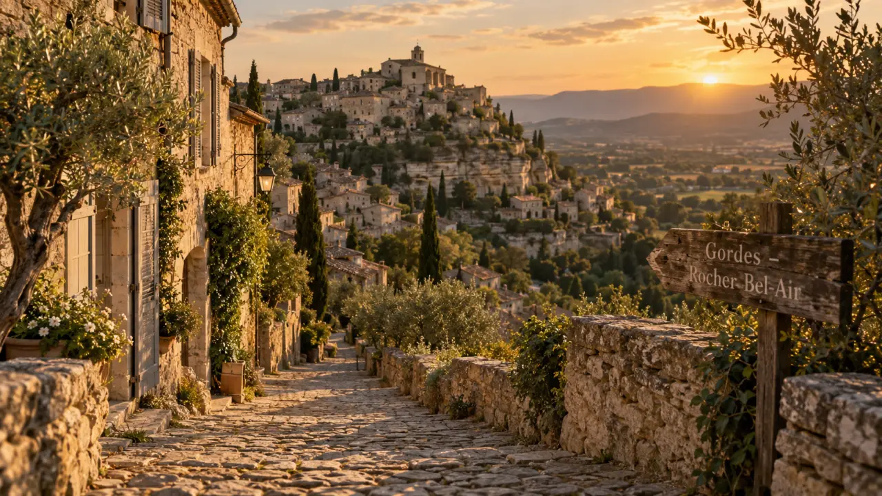 Gordes luberon provence, calade en pierre sèche et château au coucher du soleil