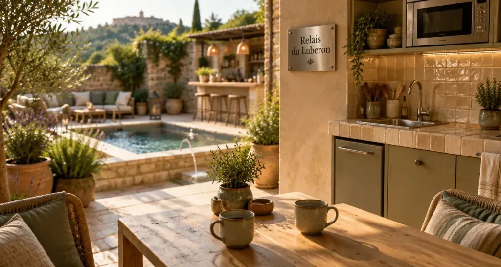 Hôtel le relais du luberon maubec à Maubec-Coustellet : patio avec bassin de détente