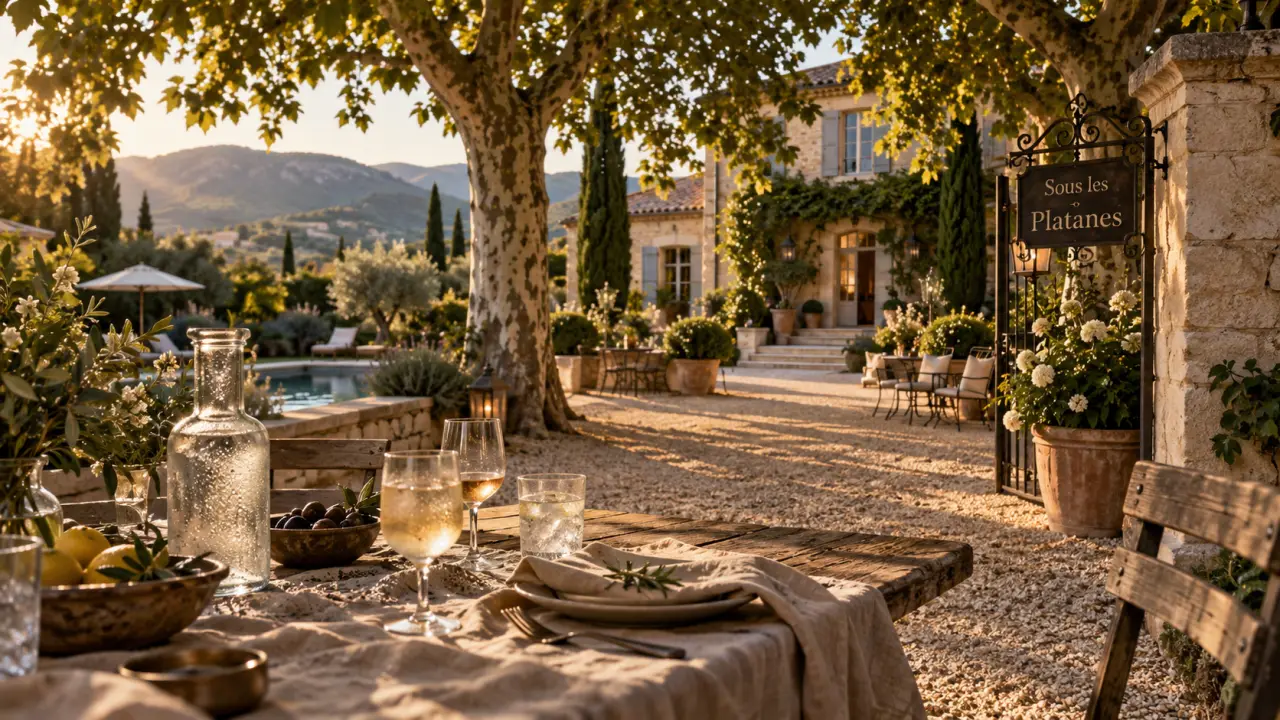 Hôtel mas des grès luberon, table sous les platanes