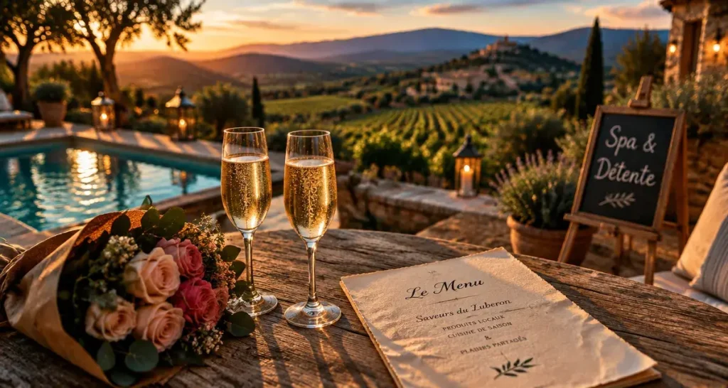 Hôtel romantique luberon : terrasse vue vignes, champagne et spa