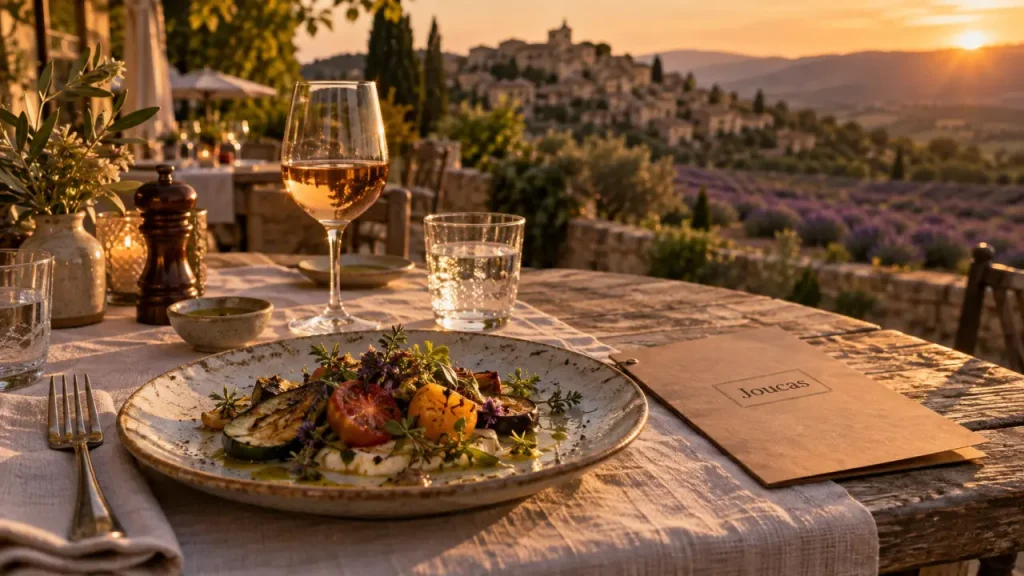 Terrasse du joucas luberon restaurant avec assiette provençale et vin