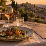 Terrasse du joucas luberon restaurant avec assiette provençale et vin