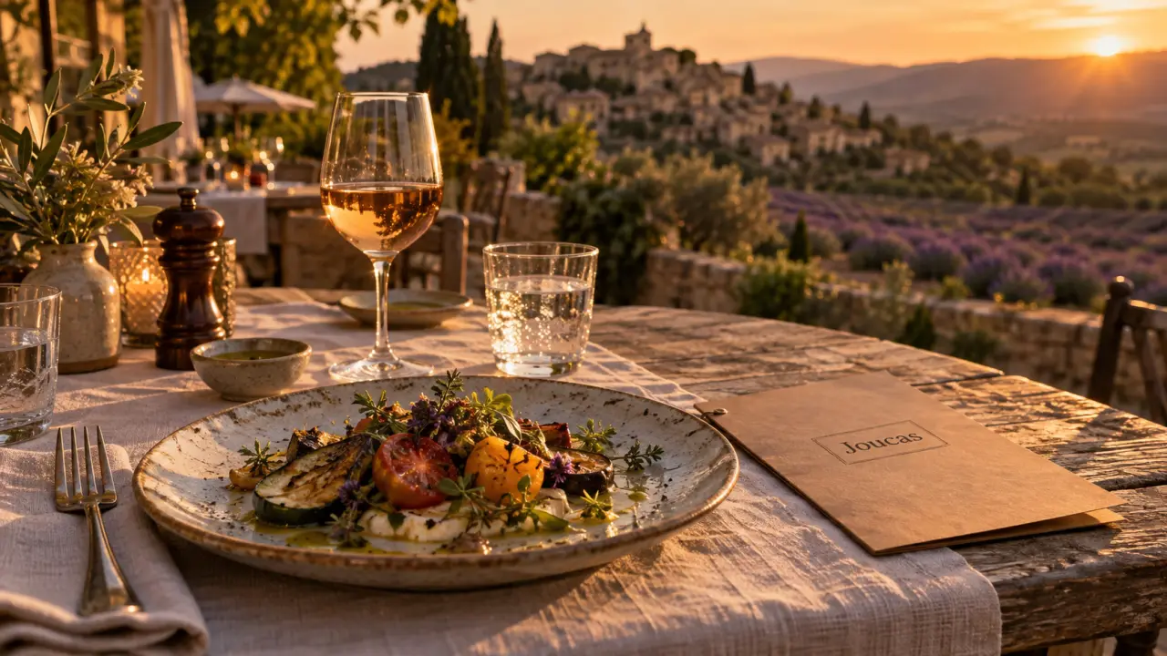 Terrasse du joucas luberon restaurant avec assiette provençale et vin