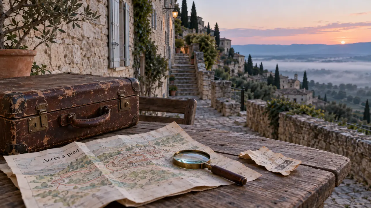 Location Gordes Luberon : valise dans une ruelle du village, vue Luberon