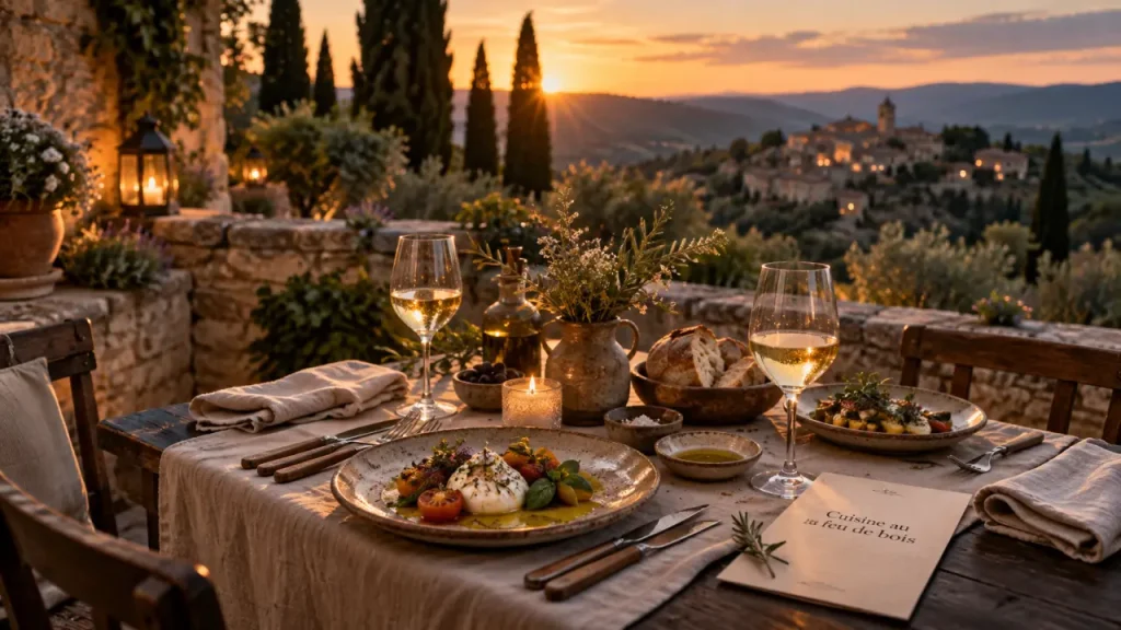 Restaurant bonnieux luberon, terrasse au coucher du soleil, cuisine au feu de bois