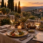 Restaurant bonnieux luberon, terrasse au coucher du soleil, cuisine au feu de bois