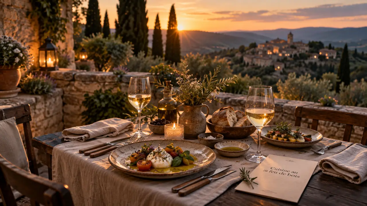 Restaurant bonnieux luberon, terrasse au coucher du soleil, cuisine au feu de bois