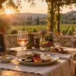 Restaurant entre aix et luberon : terrasse provençale au golden hour, vin rosé et produits locaux