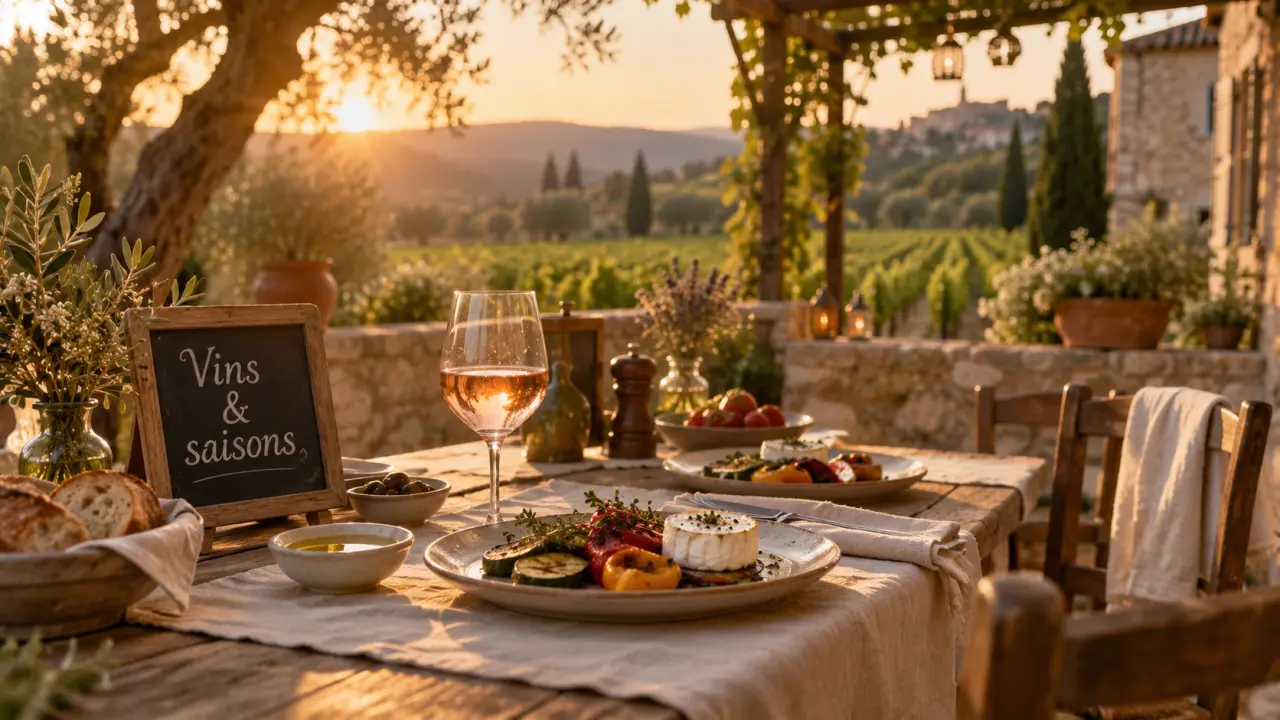 Restaurant entre aix et luberon : terrasse provençale au golden hour, vin rosé et produits locaux