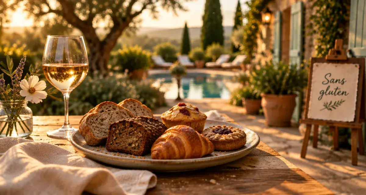 Restaurant la feniere luberon : assortiment de pain sans gluten sur terrasse provençale