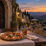 Restaurant Lacoste Luberon Le Sade : terrasse avec table et vue sur le château